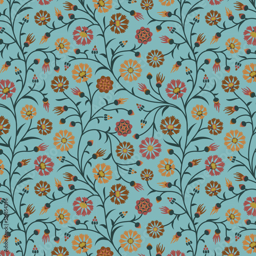 Seamless Vector Pattern with Ditsy Autumn Florals on Blue Background