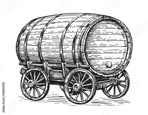 Wooden barrel with wine or beer in old wheeled wagon. Winery or brewery concept. Hand drawn vector illustration in vintage engraving style