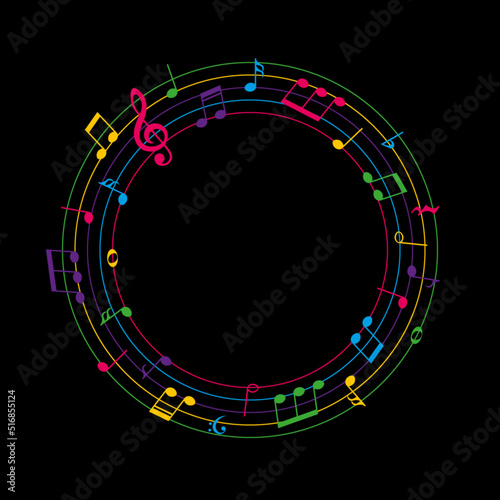 Colorful music notes, round musical frame on black background, vector illustration.