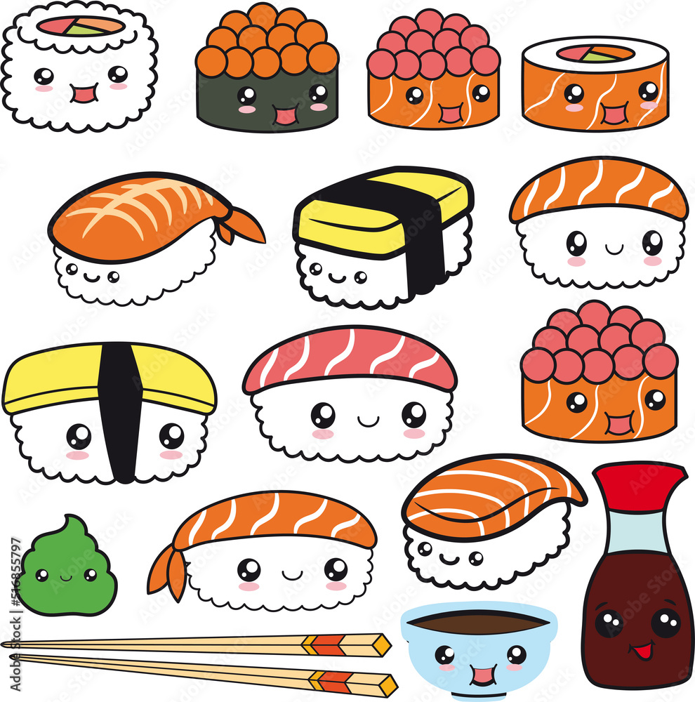 Kawaii Sushi Set 31 Clipart SVG. Japanese food Rolls Printable PNG,SVG ...