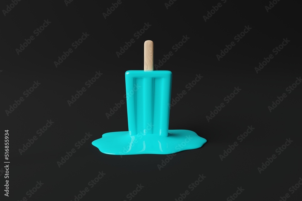 Melted blue ice lolly on a pastel background. Concept of summer, vacation. Cooling down on warm days. 3d rendering, 3d illustration. Melted blue ice lolly on a pastel background. Concept of summer, vacation. Cooling down on warm days. 3d rendering, 3d illustration.