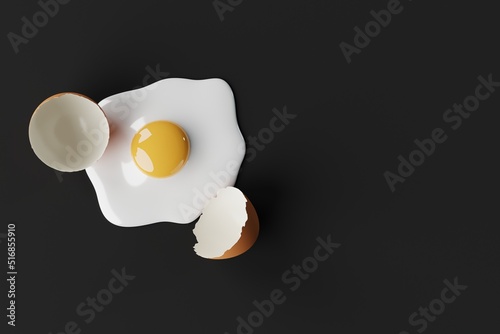 Broken egg on a dark background. Concept of cooking eggs, making an omelette, breaking the shell. 3d render, 3d illustrator