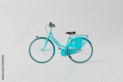 Blue bicycle on a white background. Concept of cycling, environmental protection and keeping fit. 3D rendering, 3D illustration.