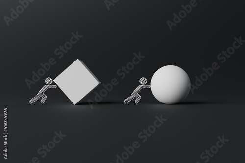 Two people pushing the ball and the cuboid. The concept of making things easier, creating simpler solutions. 3d rendering, 3d illustration.