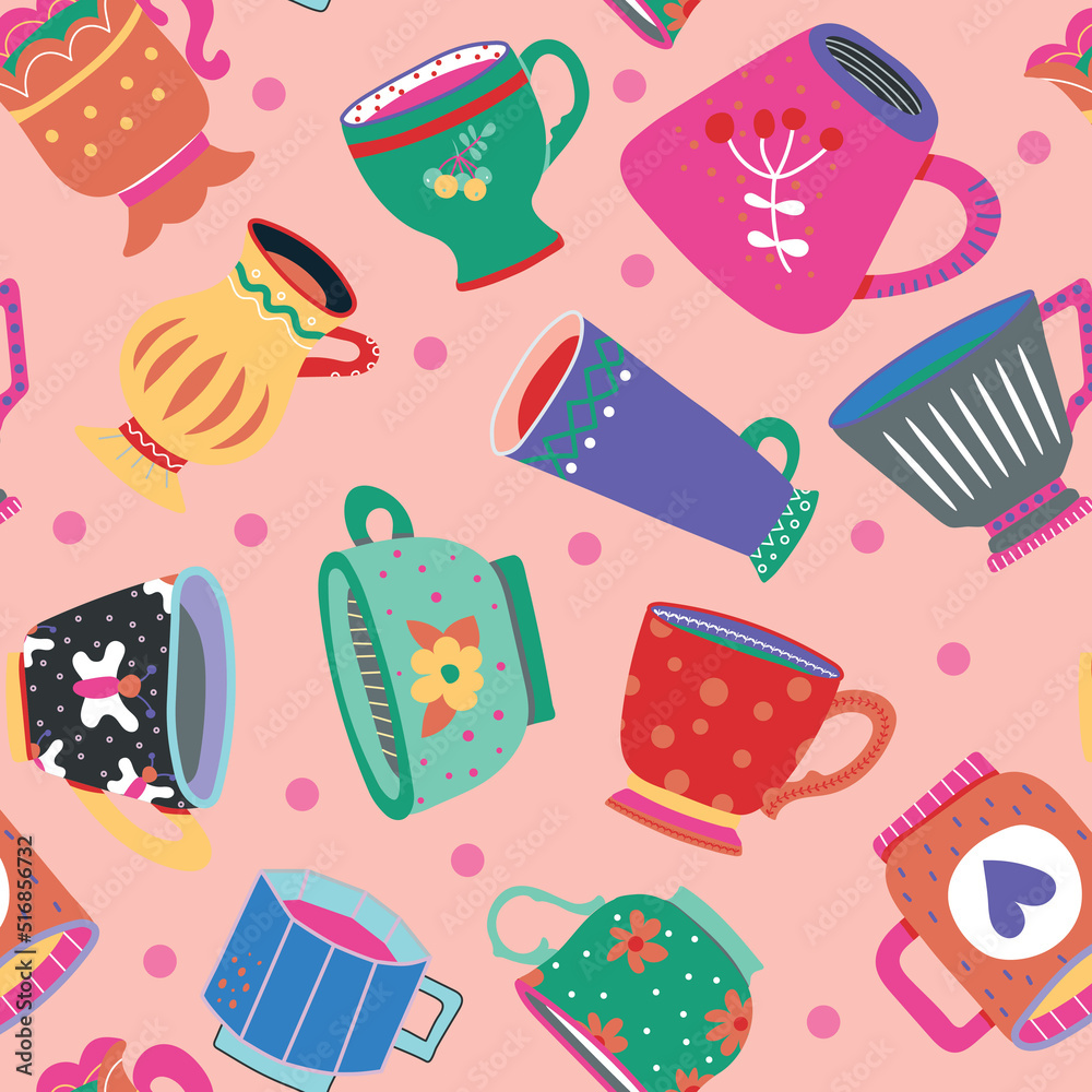 Seamless pattern of different beautiful cups on a pink background. Design element. Beautiful glassware for drinks. Coloring. Vector illustration. Flat design. Seamless pattern of different beautiful cups on a pink background. Design element. Beautiful glassware for drinks. Coloring. Vector illustration. Flat design.