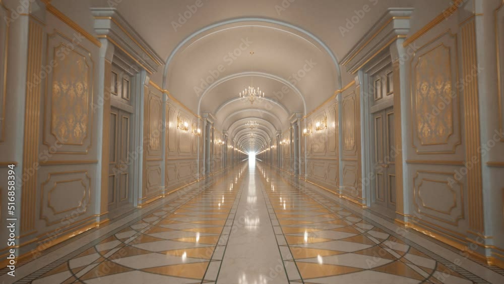 Beautiful bright baroque corridor with gold decor. Seamless looping animation.4K Beautiful bright baroque corridor with gold decor. Seamless looping animation.4K