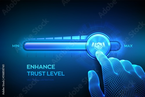Trust concept. Increasing confidence Level. Wireframe hand is pulling up to the maximum position progress bar with the trust icon. High confidence level concept. Vector illustration. photo