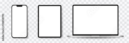Set of modern gadgets and devices. Phone, tablet, laptop front view. Vector mockup.