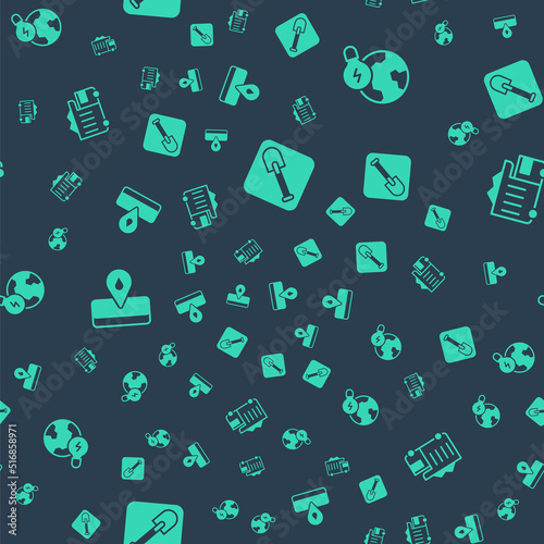 Set Shovel, Global planet with bulb, Oilfield and Mining dump truck on seamless pattern. Vector
