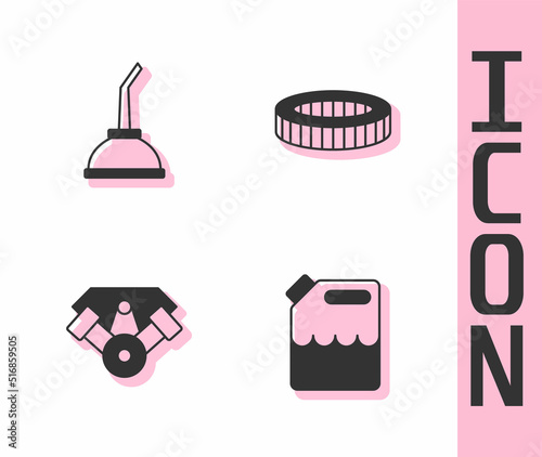 Set Canister for gasoline, motor machine oil, Power car engine and Car air filter icon. Vector