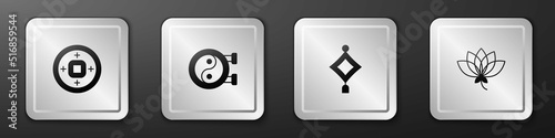 Set Chinese Yuan currency, Yin Yang symbol, paper lantern and Lotus flower icon. Silver square button. Vector