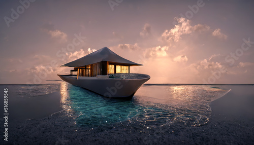 Resort holidays in the Maldives. Sunset in the Maldives. Boat on the water, palm tree. 3D illustration.