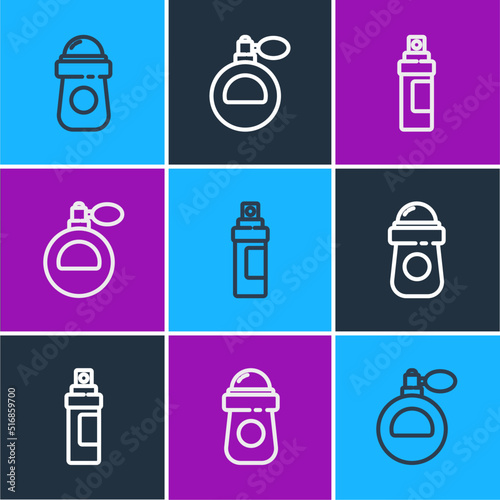 Set line Antiperspirant deodorant roll, Perfume and icon. Vector