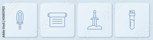 Set line Magic sword in fire, Sword the stone, Ancient magic book and Bottle with potion. White square button. Vector