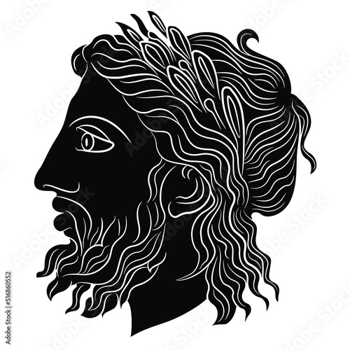 Head of a bearded ancient Greek man in profile. God Zeus wearing laurel wreath. Antique male portrait. Black and white negative silhouette. Isolated vector illustration.