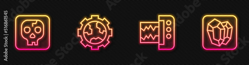 Set line Seismograph, Archeology, Gear wheels and earth and Gem stone. Glowing neon icon. Vector