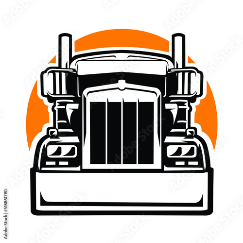 Premium Semi truck 18 wheeler front view silhouette black and white vector isolated