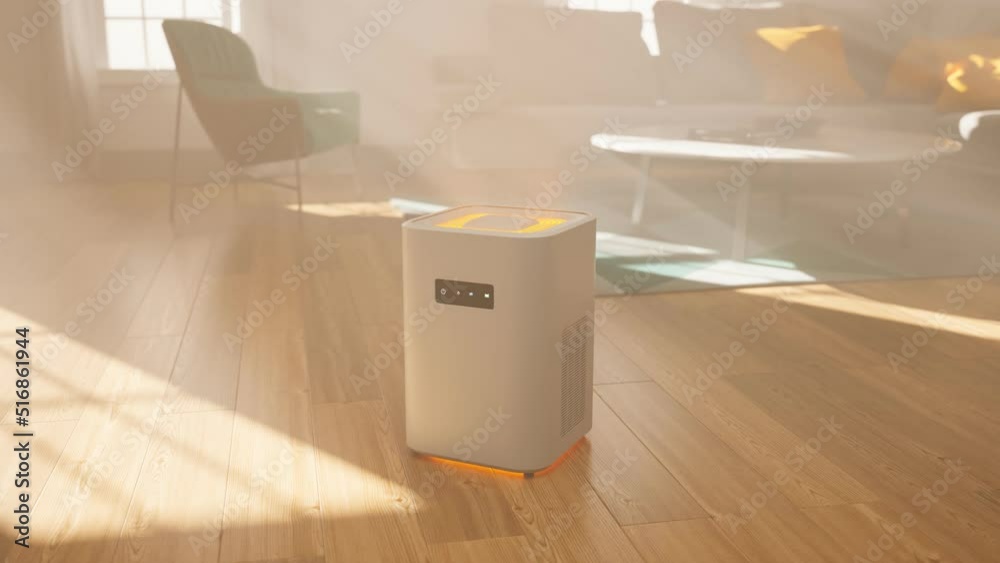 Efficient air purifier device cleaning the smoggy air in a modern interior. 4KHD