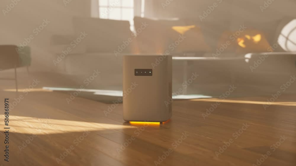 Efficient air purifier device cleaning the smoggy air in a modern interior. 4KHD