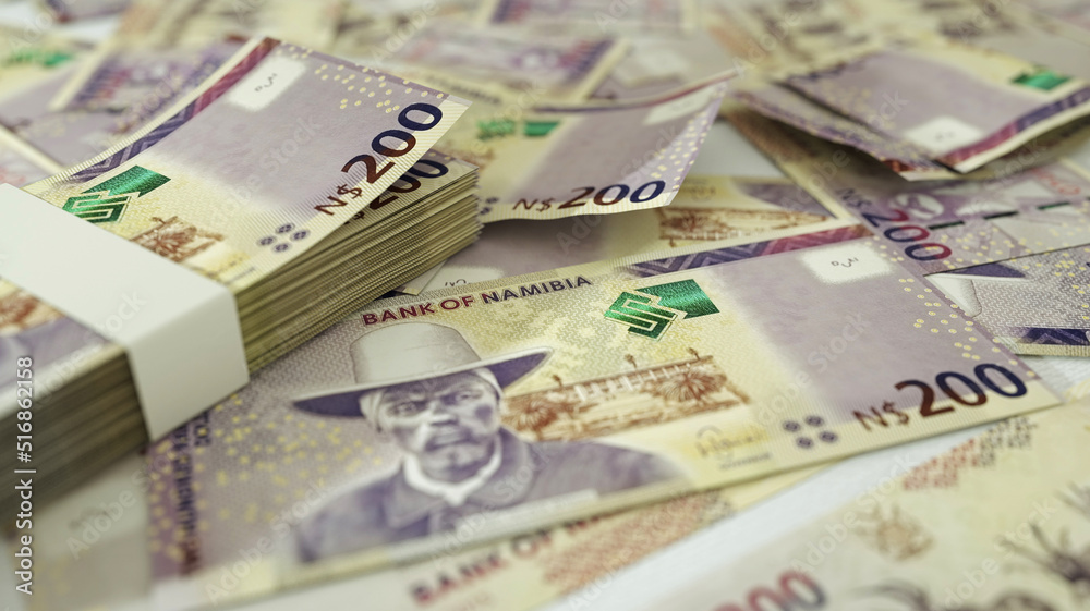 close up of 200 Namibian dollar notes spread on table. 3d rendering on money scattered on surface close up of 200 Namibian dollar notes spread on table. 3d rendering on money scattered on surface