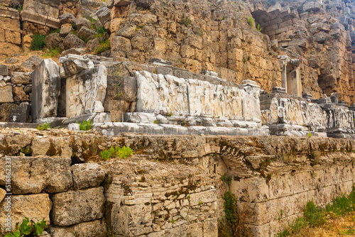 Wallpaper Mural Reliefs on podium of Perge Theater. Ruins of ancient Pamphylian city in Antalya Province, Turkey. Torontodigital.ca