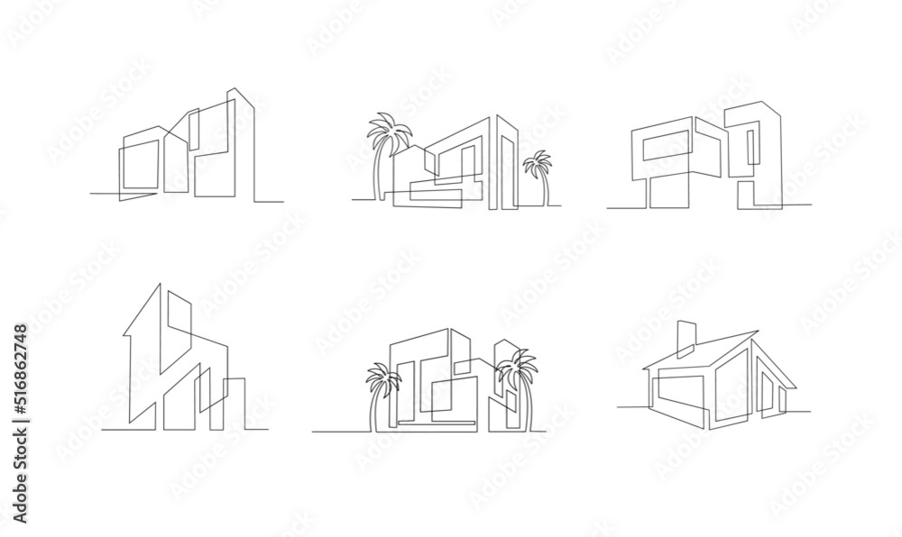set collection Continuous one line drawing Modern house logo design of real estate house market agency