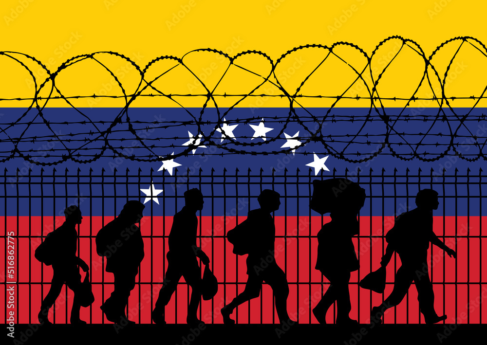 Flag of Venezuela - Refugees near barbed wire fence. Migrants migrates to other countries. - obrazy, fototapety, plakaty 
