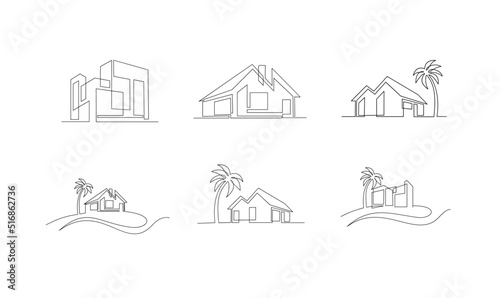 set collection Continuous one line drawing Modern house logo design of real estate house market agency