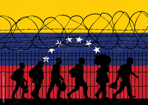 Flag of Venezuela - Refugees near barbed wire fence. Migrants migrates to other countries.