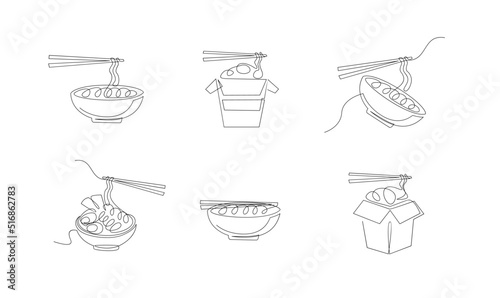 set One continuous line drawing Japanese spicy noodles banner logo flyer Fast food cafe shop logotype template concept Modern single line draw design vector illustration