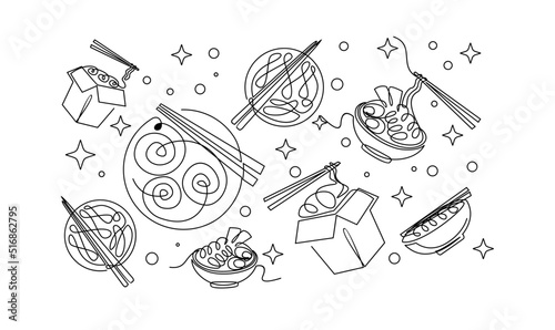 set One continuous line drawing Japanese spicy noodles banner logo flyer Fast food cafe shop logotype template concept Modern single line draw design vector illustration