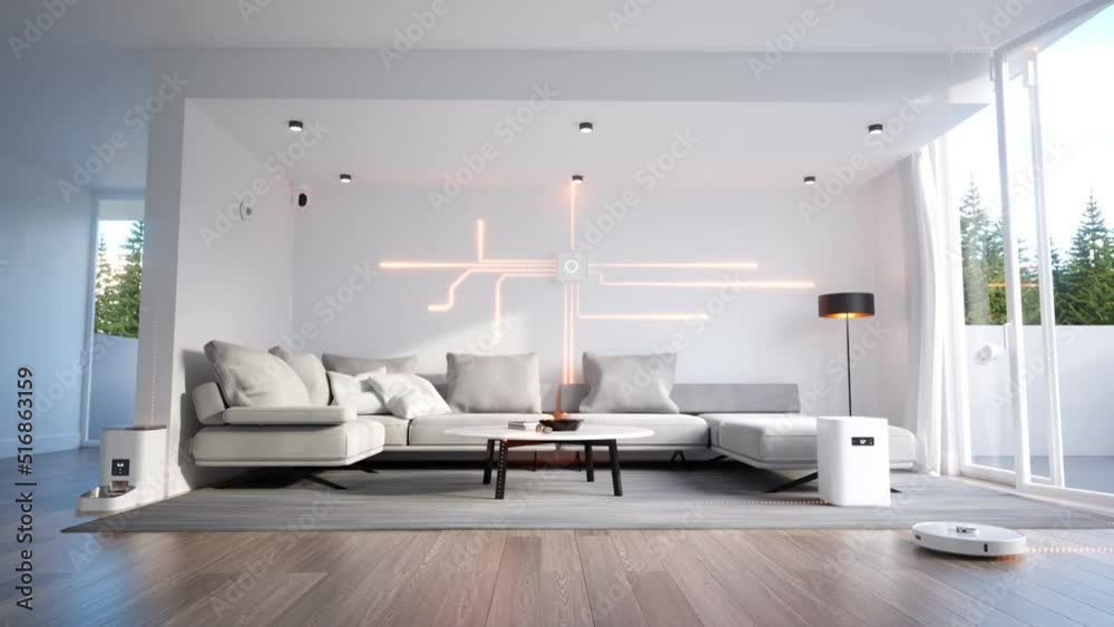 The smart home animation. Central HUB with beams connected to many smart devices
