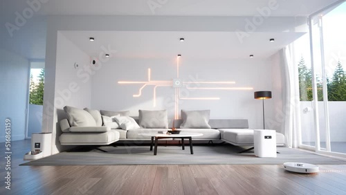 The smart home animation. Central HUB with beams connected to many smart devices photo