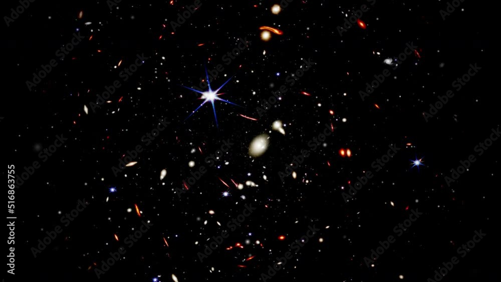 Wide field video of the deepest universe. Zooming into thousands of galaxies in a tiny sliver of the vast universe. Fly towards extremely distant galaxies revealing the view of the early universe.