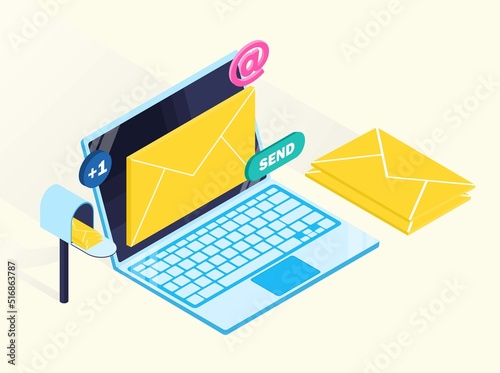 Electronic mail concept. Email Business correspondence and communication on Internet, laptop with new message. Alert, reminder or notification on screen. Cartoon isometric vector illustration