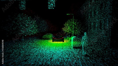 Animation with car lidar tracking technology. Device scaning environment. CGI photo