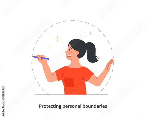 Person setting personal boundaries concept. Woman with pencil draws imaginary border to protect her space when interacting with friends or family. Cartoon flat vector illustration in doodle style