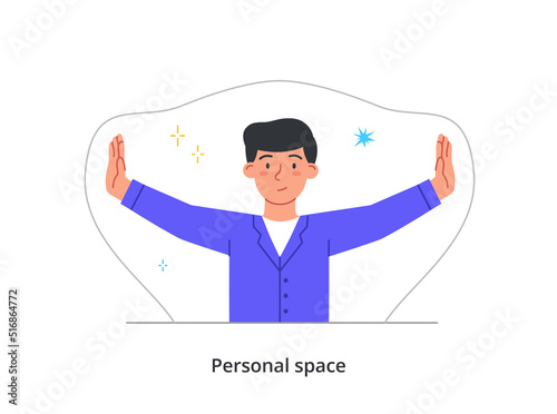 Person setting personal boundaries concept. Man spreads his arms wide and marks boundaries of his space. Character defends his psychological comfort. Cartoon flat vector illustration in doodle style