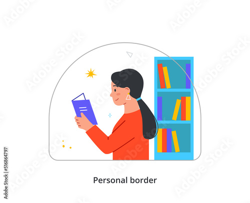 Person setting personal boundaries. Woman with personal space reads books in library. Character defends her comfort when interacting with society. Cartoon flat vector illustration in doodle style