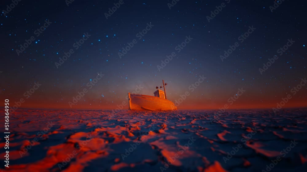 Fishing boat stranded on a dry lake bed caused by global warming. Starry night.