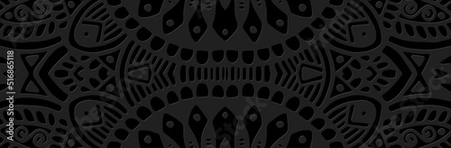 Banner, cover design. Embossed ethnic original 3D pattern on a black background, handmade style. Tribal fantasy ornaments of East, Asia, India, Mexico, Aztecs, Peru for websites, presentations.