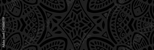 Banner, cover design. Embossed ethnic 3D pattern on a black background, handmade style. Tribal fantasy ornaments of East, Asia, India, Mexico, Aztecs, Peru for brochure, booklet, flyer, website.