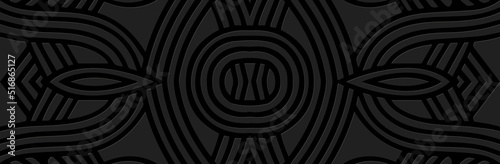 Banner, cover design. Embossed stylish ethnic 3D pattern of lines and stripes on a black background. Tribal geometric ornaments of East, Asia, India, Mexico, Aztecs, Peru for websites, presentations.