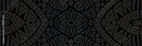 Banner, cover design. Embossed ethnic unique 3D pattern on a black background. Tribal fantasy ornaments of East, Asia, India, Mexico, Aztecs, Peru for websites, presentations.