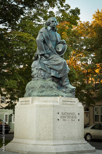 bronze statue of Nathaniel Hawthorne, American writer and novelist at the city park of Salem, Mass photo
