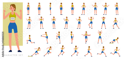 Big Set of Runner woman character vector design. Presentation in various action with emotions, running, standing and walking.