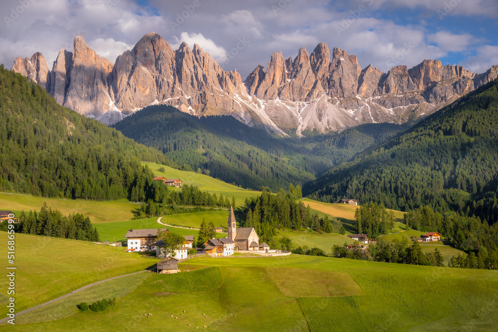 Landscape of St Magdalena with church in Dolomites, Northern Italy