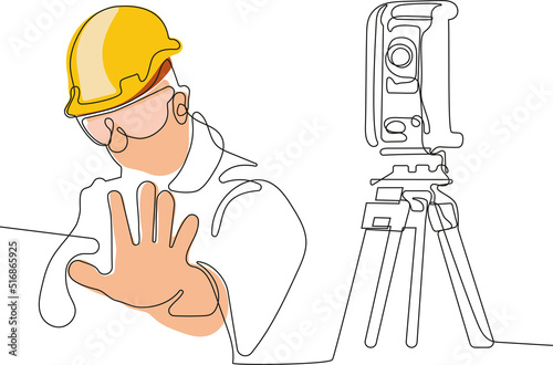 Close up of young Caucasian worker with helmet on head using tablet for work while standing in warehouse. Surveyor with a tripod icon. Geodesic tripod. Vector illustration