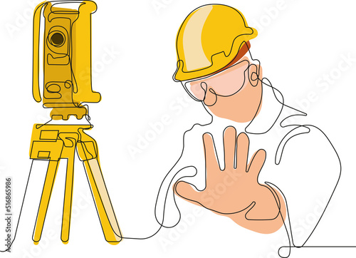 Close up of young Caucasian worker with helmet on head using tablet for work while standing in warehouse. Surveyor with a tripod icon. Geodesic tripod. Vector illustration