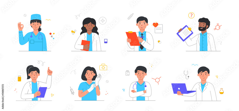 Set of smiling doctors, nurses and paramedics. Men and women medics in uniforms treat patients and prescribe medications. Healthcare. Cartoon flat vector collection isolated on white background